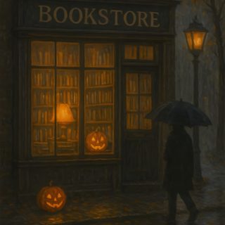 a painting of a person holding an umbrella in front of a book store with pumpkins Halloween Spooky Books Library Halloween Bookshelf Iphone, Fall Aesthetic Art, Umbrella Drawing, black
