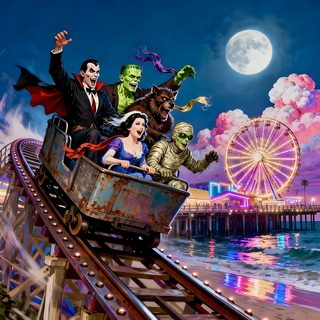 a painting of people riding on a roller coaster Halloween Roller Coaster Werewolf Illustration, Horror Pictures, Nostalgia Art, dark slate blue