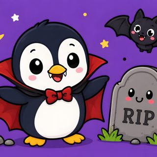 a penguin with a bow tie standing in front of a gravestone and bats flying overhead Penguin Halloween slate blue