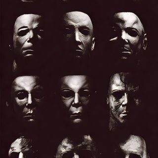 the poster for halloween is shown in black and white, with many different masks on it Halloween Ii Michael Myers Halloween, Michael Myers, Art, black