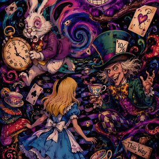 alice and the wonderland tea party poster with an image of two rabbits, one holding a cup Halloween Alice Custom Alice In Wonderland Themed Art, Alice And The Wonderland, Alice In Wonderland Inspired, dark slate gray