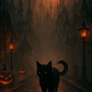 a black cat is walking down the street in front of halloween pumpkins and bats Cute Cat Halloween Magical Halloween, Black Cat Halloween Spooky, Halloween Black Cat,