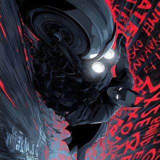 an illustration of a robot with glowing eyes in the middle of a red and black background Batman Halloween Iphone Arte Dc Comics, Images Batman, Batman Comic, Batman Poster, dark slate gray