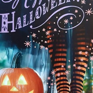 there is a halloween card with a woman's legs in black and orange striped stockings Happy Halloween Stockings Happy Halloween Friends Images, Happy Halloween Images For Adults, Happy Safe Halloween Images, dark slate gray