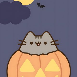 a cat sitting in a jack o lantern pumpkin with bats flying around it and the moon behind it Halloween Pusheen Halloween Cute, Cute Halloween Drawings, Pusheen Cat, Halloween, Kawaii, dim gray