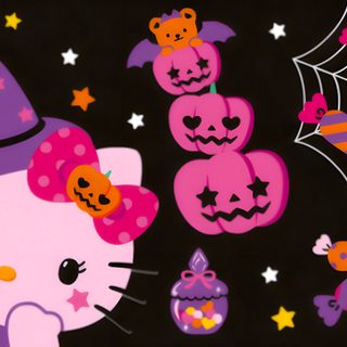 a halloween scene with pumpkins, cats and bats on a black background is featured in this image Hello Kitty Halloween Laptop Halloween Hello Kitty Computer, Sanrio Halloween Laptop, Colorful Hello Kitty Pumpkins, dark slate gray