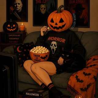 a woman sitting on a couch holding a bowl of popcorn next to a black cat Halloween Pfp black