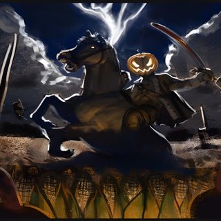 a painting of a man riding on the back of a horse with a pumpkin in his mouth Halloween Headless Horseman Sleepy Hollow Gunpowder, Sleepy Hollow Headless Horseman, Pumpkin Horseman, black