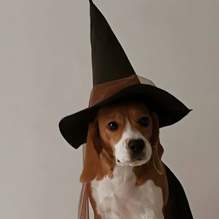 a small dog wearing a witches hat on top of a wooden table next to a white wall Cute Beagle Halloween Beagle Bagel Costume, Beagle Fall, Beagle Fall Photos, Autumn Beagle Photo, rosy brown