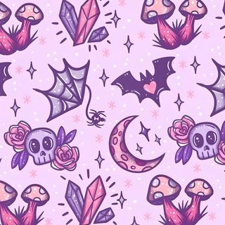 a purple background with skulls and bats Pastel Goth Halloween Halloween Iphone Backgrounds, Halloween Backgrounds, Halloween Cute, Goth, lavender