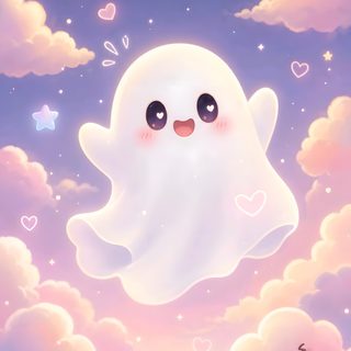 a cartoon ghost floating in the sky with stars and clouds Pastel Pastel Kawaii Cute Halloween Pink Halloween, Kawaii, Halloween, Cute Backgrounds, thistle