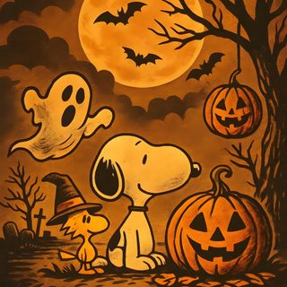 a snoopy halloween scene with pumpkins and jack - o'- lanternes Halloween Snoopy Halloween Reading Art, Snoopy, Halloween Peanuts, Flying Ace, Peanuts Gang, saddle brown
