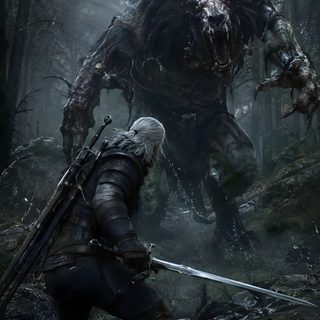 an image of a person in the woods with a giant monster behind him and two other people Witcher Halloween The Witcher World, The Witcher Minecraft, Witcher Artwork, dark slate gray