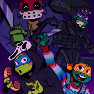 some cartoon characters with masks on and one is holding a knife in his right hand Tmnt Halloween Rottmnt Meat Sweats, Donnie Fan Art Rottmnt, Rottmnt Donnie Halloween, midnight blue