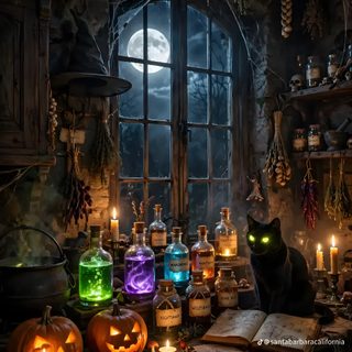 a black cat sitting on top of a table surrounded by halloween decorations Halloween Potion black