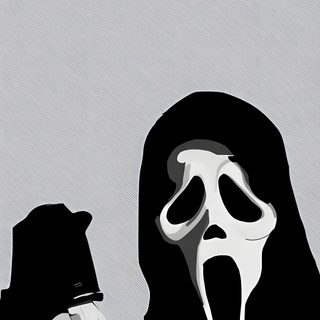 a black and white photo of a person with a knife in their hand wearing a mask Halloween Iphone Aesthetic Black And White Header Para Twitter, Drawing Cartoon Characters, Face Sketch, silver
