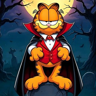 a cartoon cat dressed up as a vampire sitting on top of a tombstone in front of a full moon Garfield Halloween Garfield Halloween, Elvira Movies, Garfield Pictures, Looney Tunes, dark slate gray