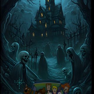 a car with people in it driving past a creepy house on the road at night Halloween Halloween Haunted House black