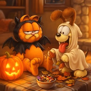 a cat and dog dressed up as halloween characters sitting at a table with pumpkins Garfield Halloween saddle brown