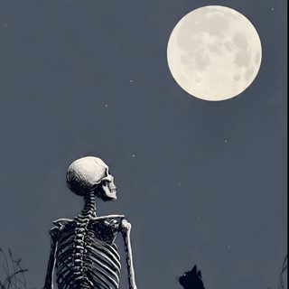 a skeleton sitting on the ground next to a black cat under a full moon sky Halloween Skeleton Cat Skeleton Art, Unusual Things, Cat, Halloween, Skull And Bones, dark slate gray