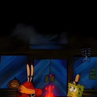 two cartoon characters sitting around a fire in the middle of a wooden floored room Thisis Halloween Aesthetic 4k Spongebob, Scary, Creepy Art, Spongebob Halloween Background, black