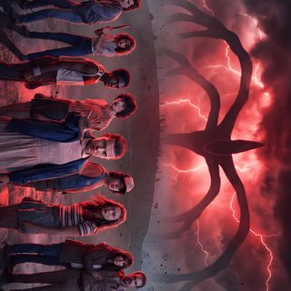 a group of people standing next to each other in front of a red and black background Stranger Things Halloween dark slate gray