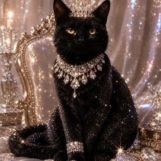 a black cat sitting on top of a table covered in jewels and diamonds, wearing a tiara Black Cat Diamonds For Halloween In dim gray
