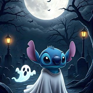an image of a cartoon character in front of a full moon with bats and ghost Stitch Halloween Costume Stitch Halloween Iphone, Lilo And Stitch Halloween, Halloween Stitch Disney, dark slate gray