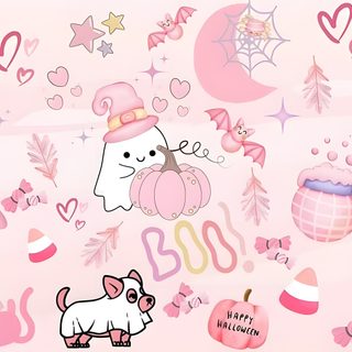 a pink wall with many different items on it and stars, hearts, flowers, and other things Cute Pink Halloween For Computer Pink Halloween Macbook, Pink Halloween Laptop, Pink Halloween Ipad, linen