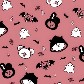 a pink background with black and white cartoon animals on it's face, bats, and stars Bt21 Halloween Cute Fall Decoration Inspiration, Cute Halloween Pattern With Ghosts And Bats, Halloween Phone Background Ideas, pale violet red