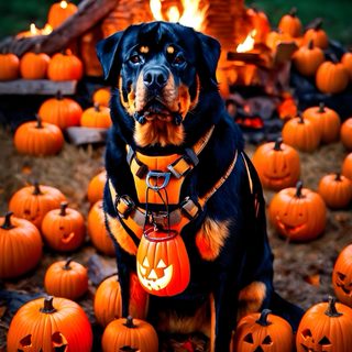 a black and brown dog sitting in front of pumpkins with lights on it's collar Halloween Rottweiler Halloween Dog, saddle brown