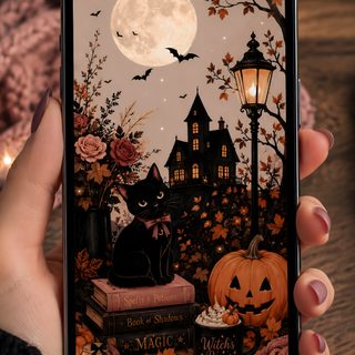 a person holding up an iphone case with a black cat and pumpkins on it Modern Smartphone With Halloween Feminine, Glow Pumpkin, Digital Phone, Cats Iphone, saddle brown