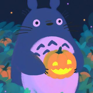 a totoro holding a pumpkin in the grass Studio Ghibli Halloween Anime Halloween, Forest, Halloween, Studio Ghibli, Halloween Pumpkins, dark slate gray