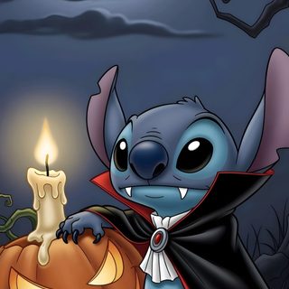 a cartoon character holding a pumpkin in front of a full moon with bats flying overhead Stitch Halloween Watercolor Splash, Halloween Poster, Stitch Drawing, Halloween Backgrounds, dark slate gray