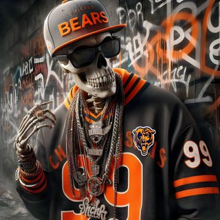 a skeleton wearing a chicago bears jersey and holding his hand up in front of him Chicago Bears Halloween Skull Rapper, Chicago Bears Pics, Chicago Bears Tuff Pics, dark olive green