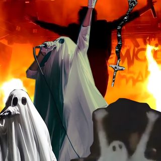 an image of a ghost with his arms in the air and two bats flying over him Mcr Halloween saddle brown