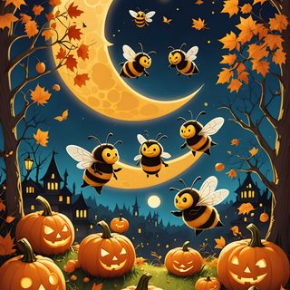a halloween scene with pumpkins and bees Halloween Bees Accent Ideas Spooky Bee, Orange And Black Bee, Bee Desktop, dark slate gray