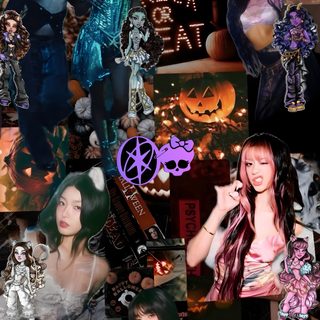 a collage of halloween pictures with women dressed in costumes and pumpkins on them Katseye Halloween Halloween Iphone Backgrounds, My Melody, Halloween Iphone, John Carpenter, dark slate gray