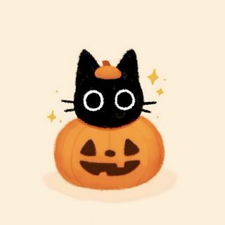 a black cat sitting on top of a jack - o'- lantern with big eyes Halloween Kawaii Cute Black Cat Cute Calabaza, Cute Pumpkin Pfp, Cute Spooky Cat Image, antique white