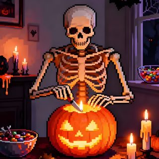 a skeleton sitting on top of a pumpkin in a room filled with candles and other decorations Halloween Pixel Art Gif Animated Spooky, Halloween Gif, Pixel Halloween Background, dark slate gray