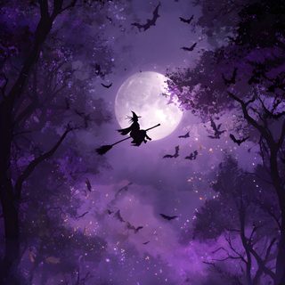 a witch flying through the night sky on her broom Halloween Cute Witch Purple Purple Halloween Background Aesthetic, Dark Purple Halloween Background, Purple Halloween Background Iphone, midnight blue