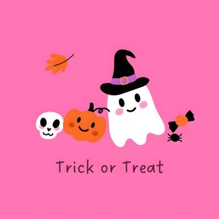 a pink background with three cartoon characters on it and the words trick or treat written in black Pink And Orange Halloween Halloween Iphone Pink, Pink Halloween Iphone, Halloween Pastel Ideas,