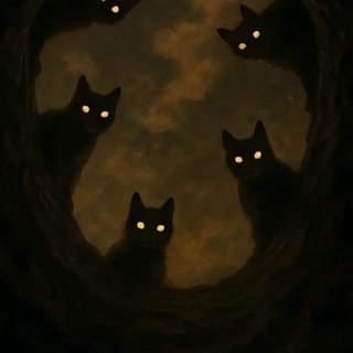three black cats with glowing eyes are in a dark cave, looking up at the sky Cat Halloween black