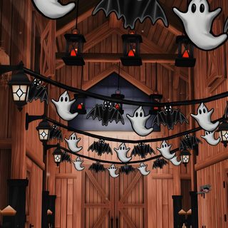 a room decorated for halloween with bats and ghost heads hanging from the ceiling in front of wooden paneled walls Star Stable Halloween 1920x1080 Halloween, Stables, maroon