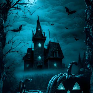 two pumpkins sitting in front of a creepy house Blue Halloween Iphone Haunted Graveyard, Dark Blue Halloween, Halloween Blue, Blue Halloween, black