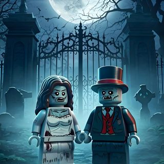 two legos are standing in front of a cemetery at night with the moon behind them Halloween Lego Zombie Wedding, Lego Zombies, Lego Halloween, Lego Universe, dark slate gray
