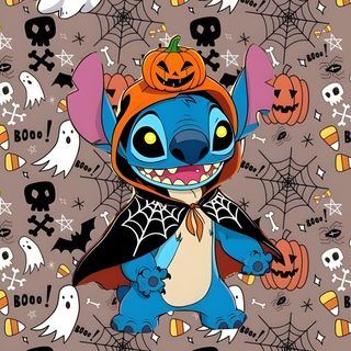 a cartoon character with pumpkins and bats on a gray background, surrounded by halloween decorations Lock Screen Stitch Halloween Stitch Halloween Background, Cute Halloween Stitch Backgrounds, Stitch Fall Iphone, gray