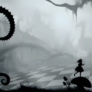 a girl is walking in front of an octopus chess board with tentacles on the ground Halloween Alice Custom Alice In Wonderland Presentation Background, Black And White Wonderland Design, Black And White Wonderland Art, light slate gray