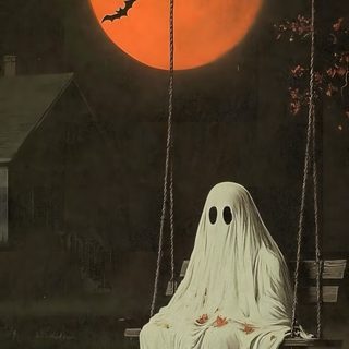 a ghost sitting on a porch swing in front of a full moon Vintage Halloween Phone dark slate gray