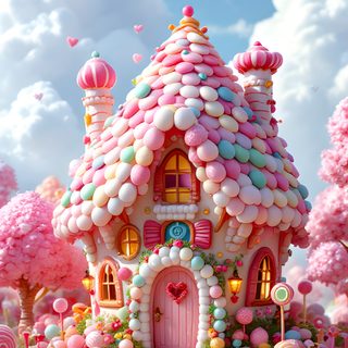 a pink house with lots of balloons in the air Halloween Candy House Candy House, Candy House Background, Candy House Drawing, Pink Candy House, silver